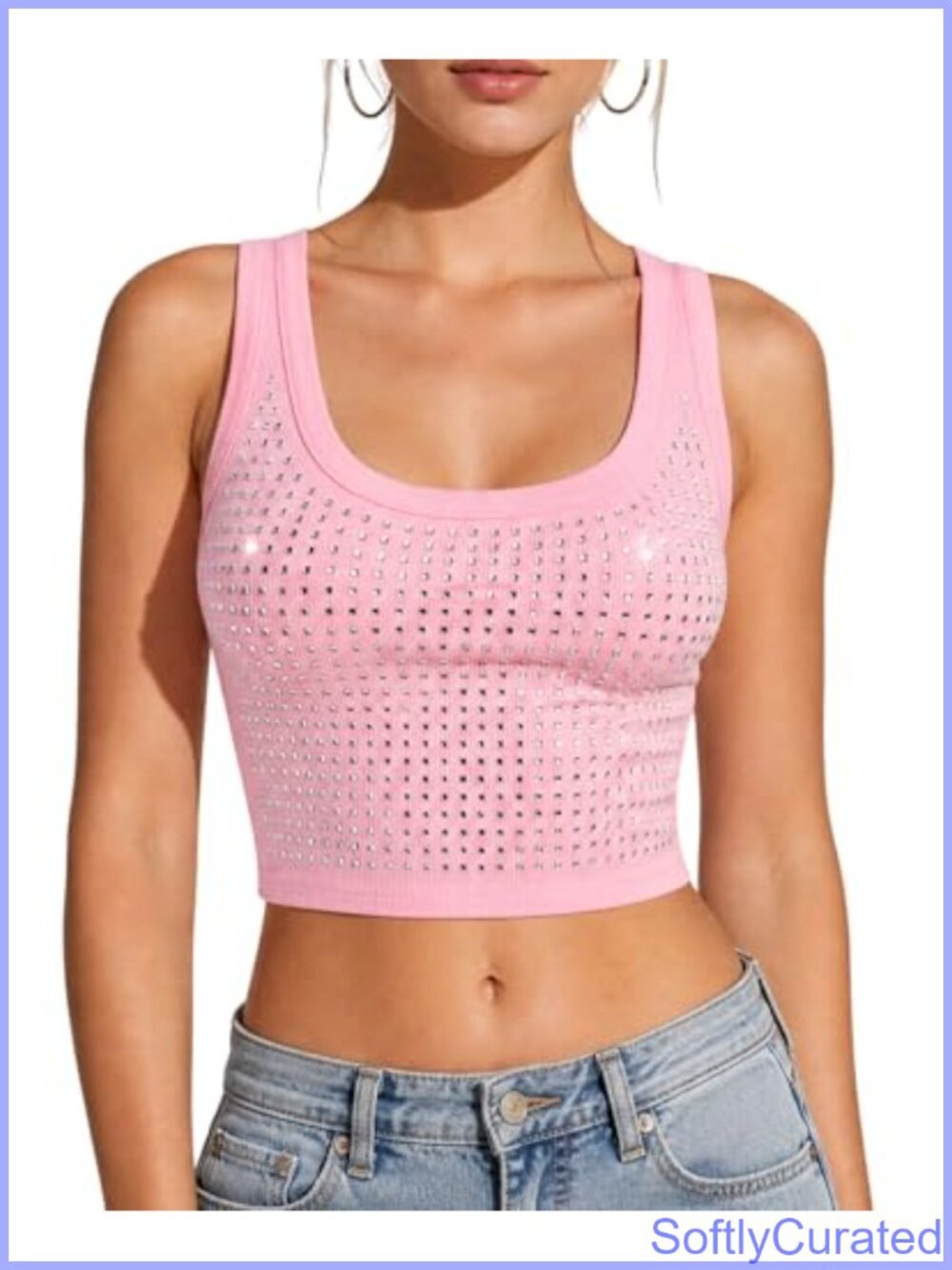 Rhinestone Crop Tank Top Square Stud Y2K Party Club Top